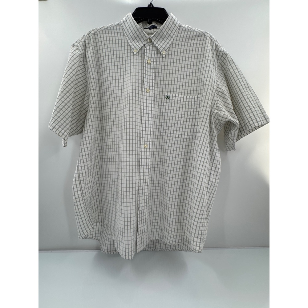 IZOD Saltwater Cotton Mens Large White Green Grid Short Sleeve Button Down Shirt